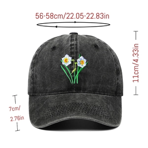 Vintage washed cotton baseball cap in charcoal with floral embroidery and size specs