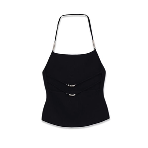 Women's black halter neck crop top with silver metal bead details on slim adjustable straps