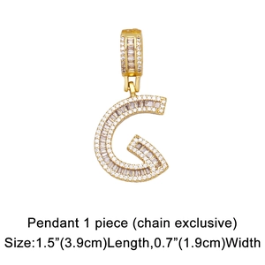 Macro shot of cubic zirconia paved letter G pendant showing dimensions 3.9cm by 1.9cm