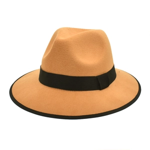 Classic camel wool felt fedora hat with black brim edging and decorative band
