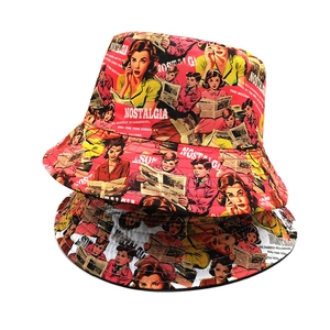 Retro bucket hat with vintage character prints and nostalgia typography on canvas fabric