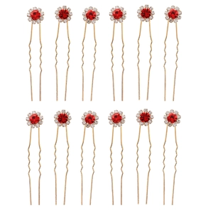 Lot de 12 épingles à cheveux dorées avec fleurs en strass rouges pour mariée