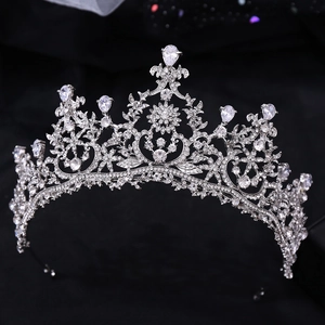 Elegant silver bridal tiara with AAA cubic zirconia and pear-shaped crystals on black base