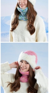 Detail of warm winter knitted hat and neck gaiter set with plush lining for outdoor warmth