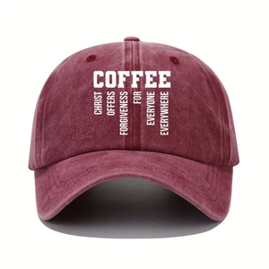 Detailed macro of vintage washed cotton baseball cap texture and white coffee printing