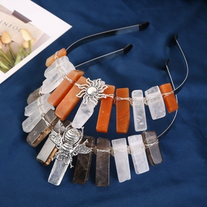 Handmade crown headband with natural raw crystals, orange stones, and sun motif metal decor