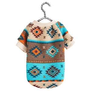 Plush pet hoodie with Aztec totem pattern on hanger, warm winter fleece for cats and small dogs