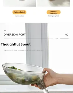 Detail view of the long diversion port and handle on the grey plastic strainer bowl