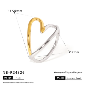 Detailed view of two-tone stainless steel heart ring with 17mm open design and dimensions