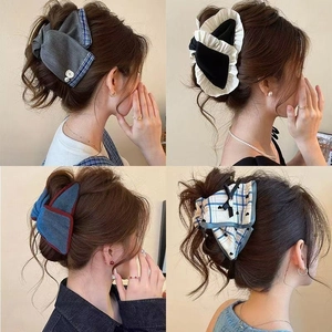 Checkered Bowknot Hair Claw Clip Large Fabric Denim Satin Artificial Pearl Button Elegant Women Shark Clip Styling Accessory