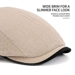Beige herringbone newsboy cap for men with wide brim and black contrast piping detail