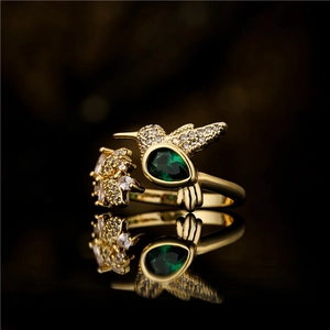 Exquisite 18K gold plated hummingbird and flower open ring with green zircon stone