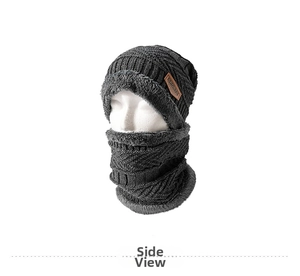 Detail of dark grey knit beanie and neck warmer with thick fleece lining and Sport label
