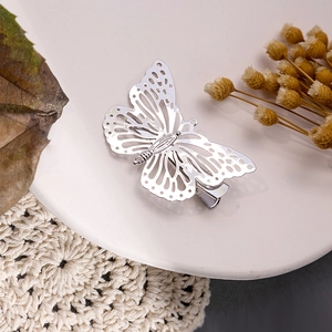 Détail d'une pince à cheveux papillon argentée sur une assiette en céramique blanche