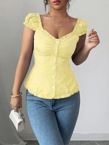 Elegant yellow and white striped blouse with square neck and ruffled hem detail