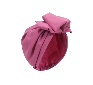 Detail of fuchsia turban hat with large satin bow and elastic hem for women