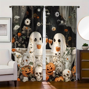 Detail view of Halloween curtains with pumpkin and ghost patterns in a modern home setting