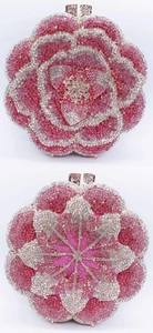 Detail of rose-shaped evening bag featuring pink and silver rhinestones on metal frame