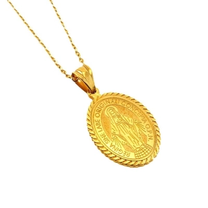 Golden religious oval Virgin Mary medallion pendant necklace on a matching delicate link chain