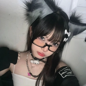 Anime-style black rimmed glasses set with plush cat ear headband and punk accessories