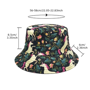 Unisex black bucket hat with colorful pegasus print and dimensions 56-58cm