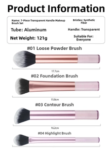 Detail specifications of 7pcs clear handle makeup brushes with dimensions and fiber hair