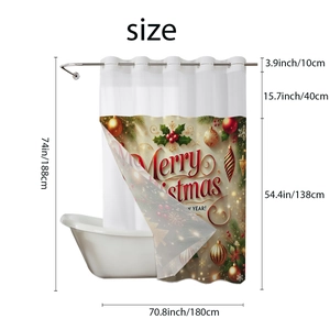 Christmas shower curtain with festive patterns and Merry Christmas text for bathroom decor