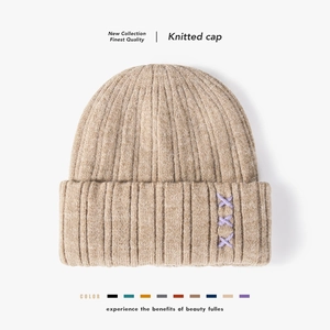 Ribbed Knit Beanie Hat Cashmere Warm Thickened Winter Cap With Cross Stitch Embroidery Casual Streetwear Unisex