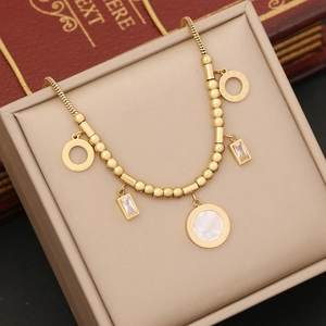 Elegant gold-plated square zircon necklace and bead bracelet set in a jewelry box