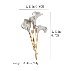 Detail view of enamel calla lily brooch showing dimensions 3.6cm by 6.7cm and weight 14g