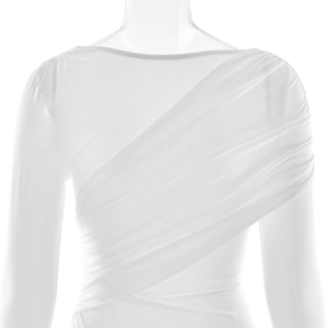 Detailed close-up of white ruched off-shoulder dress with elegant draped fabric texture