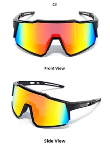 Detail of C3 sports cycling sunglasses with oversized iridescent laser coating lenses