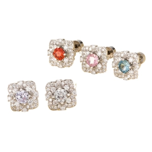 Vintage flower micro-pave zircon stud earrings in five colors on white background
