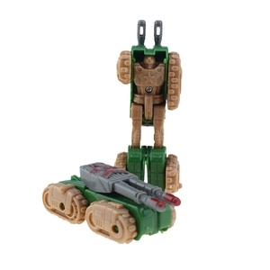 Detailed dual modes of a military transformer toy featuring a green tank and a robot form