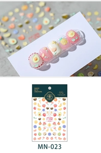 Detailed 3D embossed nail stickers featuring fruit and tulip patterns model MN-023