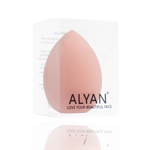 Pink teardrop makeup sponge in clear plastic box with ALYAN logo on white surface