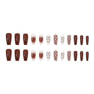 24-piece caramel plaid heart Christmas press-on nails in long coffin ballerina shape