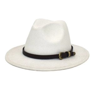 Detailed close-up of brown faux leather belt and bronze buckle on off-white wool fedora hat
