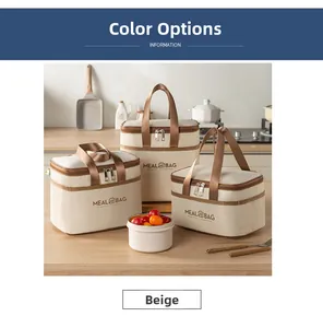 Detail of insulated meal bags in beige showing mesh pockets and durable zippers