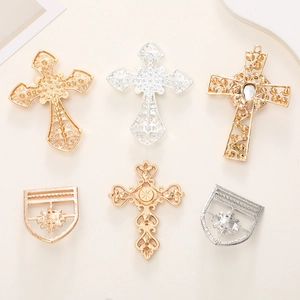 Golden and silver metal cross charms with rhinestone inlay for DIY shoe and phone case decor