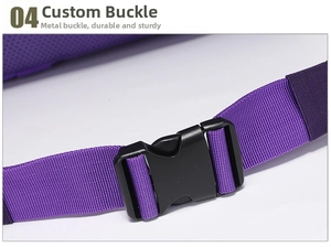 Detail of durable purple webbing strap with a high-quality black plastic buckle closure