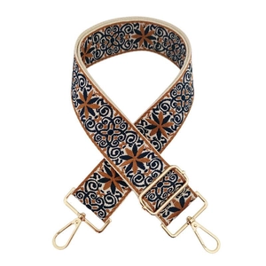 Detail of navy and gold ethnic embroidery on 5cm wide adjustable bag strap with gold hooks