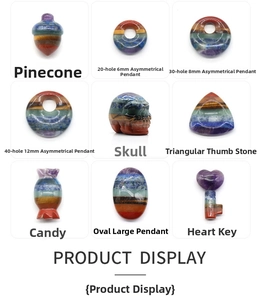 Detailed grid of assorted chakra crystals including pine cones and flat heart shapes