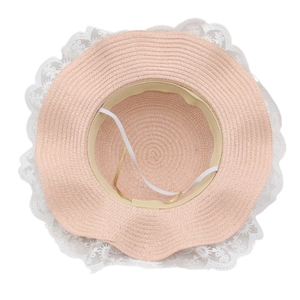 Pink straw sun hat for girls with white floral lace trim and elastic windproof strap