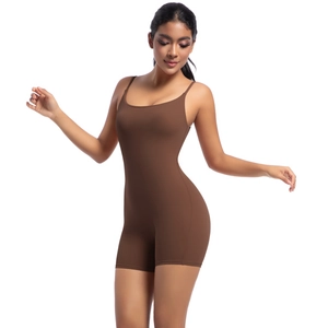 Detail of high-stretch brown yoga bodysuit with spaghetti straps and shaper design