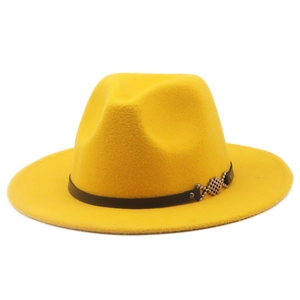 Classic yellow wool fedora hat with black leather band and metallic fish detail