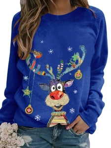 Detail of Christmas reindeer print on a blue long-sleeve casual sweatshirt for women