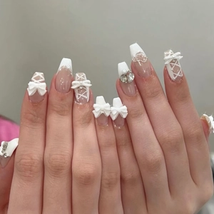 Press On Nails Long Coffin Fake Nails French White 3D Resin Bowknot Artificial Pearl Elegant Sweet Manicure For Women