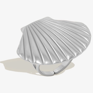 Macro detail of silver 304 stainless steel shell ring with textured radial seashell patterns