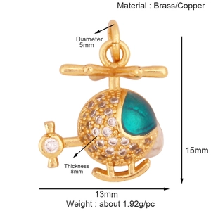 Gold helicopter pendant charm in brass with clear crystals and green enamel details